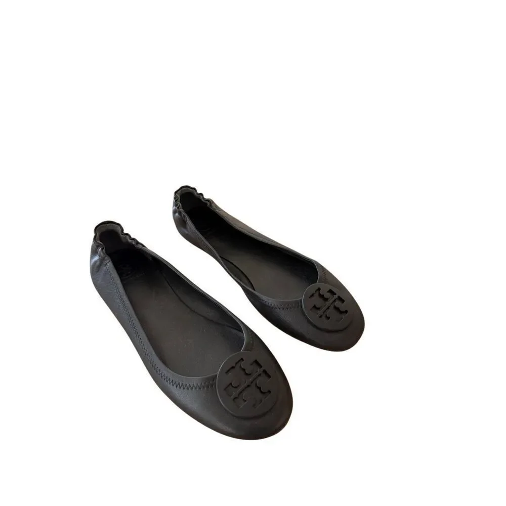 Tory Burch Womens Black Minnie Travel Leather Slip On Ballerina Flats Size 8.5